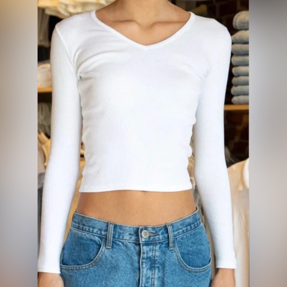 Brandy Melville White V-Neck Long Sleeve